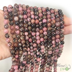 Rhodonite rose et noire en perles rondes 6mm - fil complet