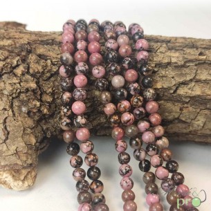 Rhodonite rose et noire en perles rondes 6mm - fil complet