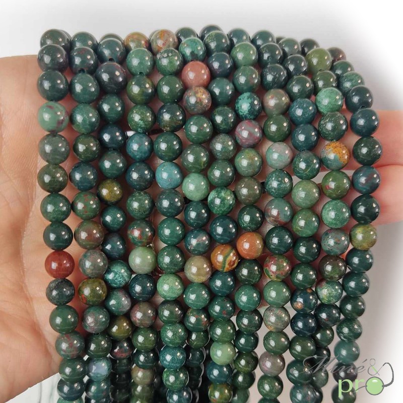 Jaspe sanguin A (Héliotrope) en perles rondes 6mm - fil complet