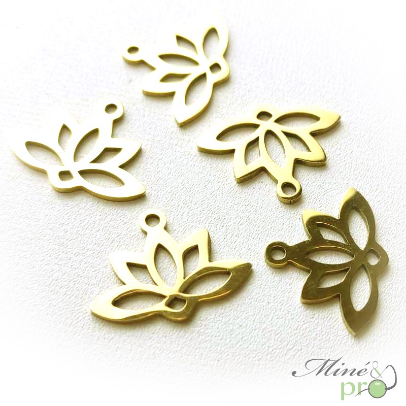 Fleur de lotus en acier inoxydable plaqué or 14mm - lot de 5 Fleur de lotus en acier inoxydable plaqué or 14mm - lot de 5