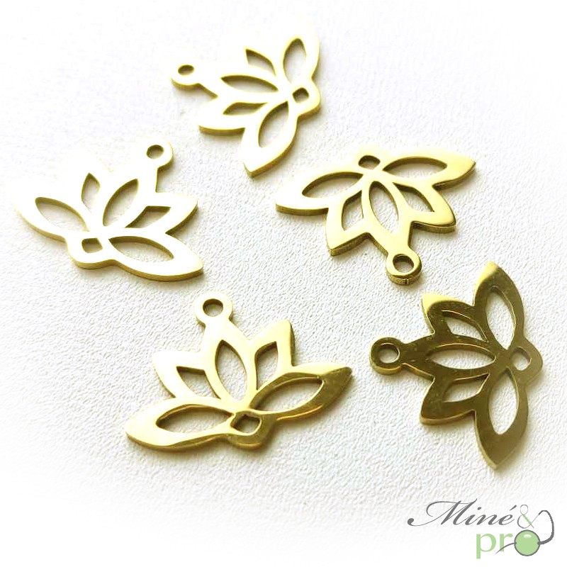 Fleur de lotus en acier inoxydable plaqué or 14mm - lot de 5