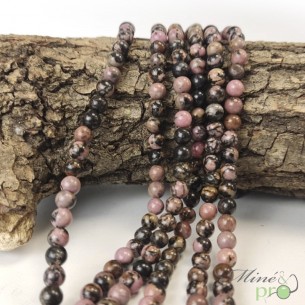 Rhodonite rose et noire en perles rondes 6mm - fil complet