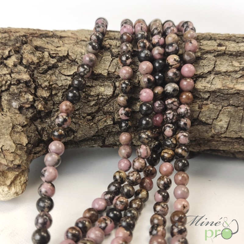 Rhodonite rose et noire en perles rondes 6mm - fil complet