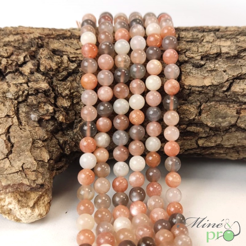 Pierre de lune mixte A+ en perles rondes 6mm - fil complet