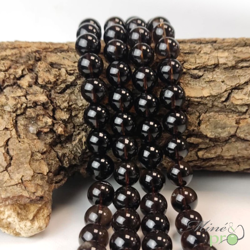 Quartz fumé A+ en perles rondes 10mm - fil complet