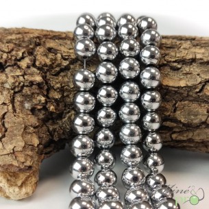 Hématite argentée A en perles rondes 10mm - fil complet