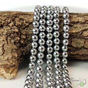 Hématite argentée A en perles rondes 8mm - fil complet
