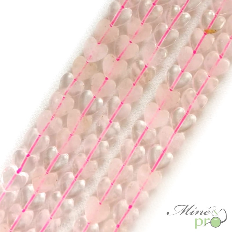 Quartz rose en perles plates "coeur" 8mm - fil complet