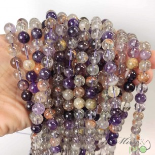 Améthyste goethite A (Super seven) en perles rondes 8mm - fil complet