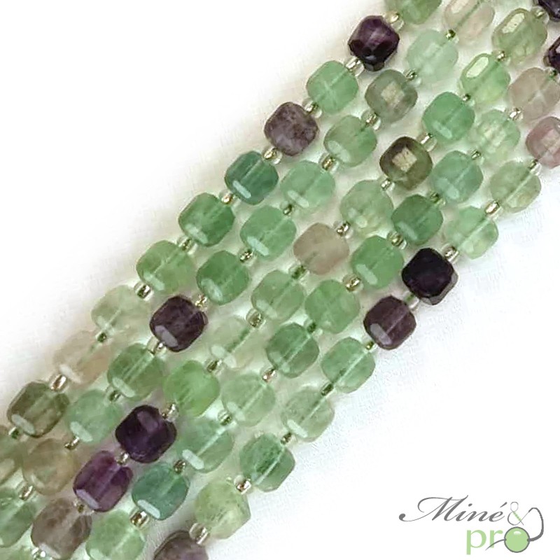 Fluorite mixte en perles "carré" 7mm - fil complet