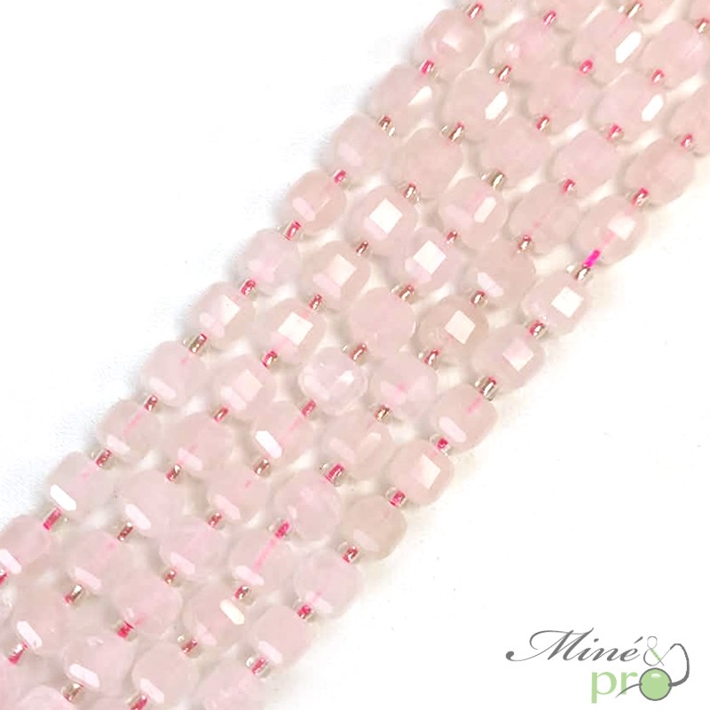 Quartz rose en perles "carré" 7mm - fil complet