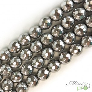 Hématite argentée A en perles facettées 10mm - fil complet