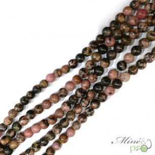 Rhodonite rose et noire naturelle en perles rondes 6mm - fil complet