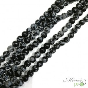 Obsidienne neige naturel (mouchetée) en perles rondes 6mm - fil complet