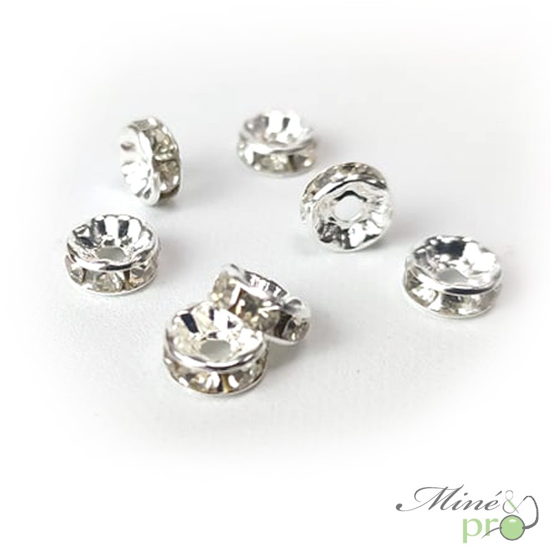 Rondelles strass en métal argenté 7,5mm - lot Rondelles strass en métal argenté 7,5mm - lot