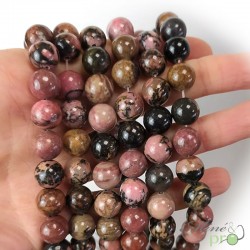 Rhodonite rose et noire en perles rondes 10mm - fil complet