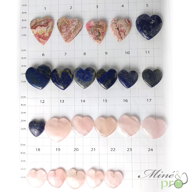 Rhodochrosite, Lapis lazli, Quartz rose - cabochons coeur- percé