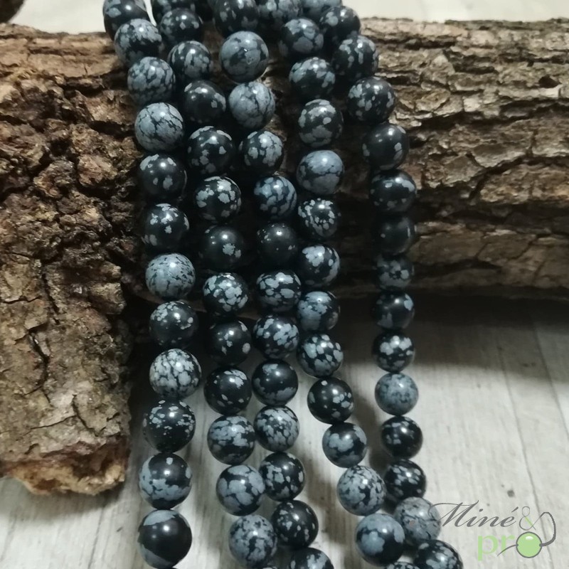 Obsidienne neige naturelle (mouchetée) en perles rondes 8mm - fil complet