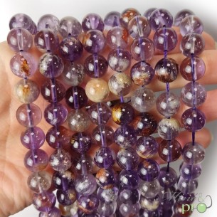 Améthyste goethite (Super seven) en perles rondes 10mm - fil complet
