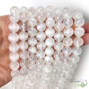 Sélénite en perles rondes 10mm - fil complet
