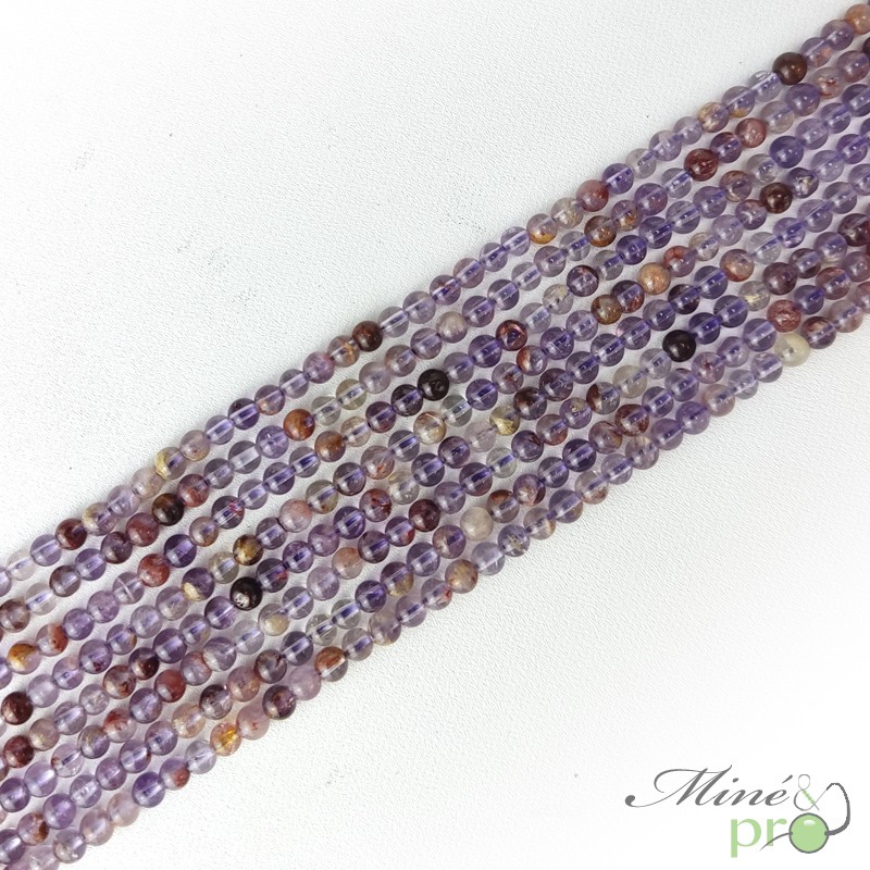 Améthyste goethite (Super seven) en perles rondes 4mm - fil complet