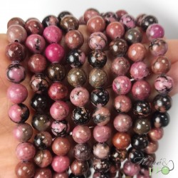 Rhodonite rose et noire en perles rondes 8mm - fil complet